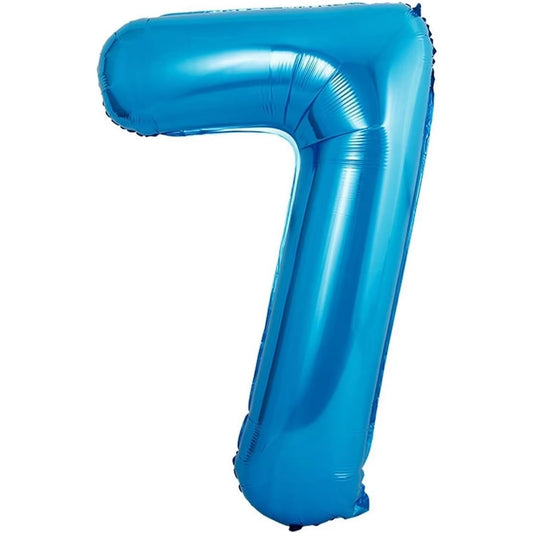 Balon din Folie Metalizata, Figurina Cifra si Coroana, Tema Aniversare 100 cm, Ambalaj Individual, Pai inclus, Umflare cu Aer sau Heliu, Albastru, Cifra 7