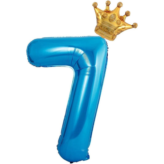 Balon din Folie Metalizata, Figurina Cifra si Coroana, Tema Aniversare 100 cm, Ambalaj Individual, Pai inclus, Umflare cu Aer sau Heliu, Albastru, Cifra 7