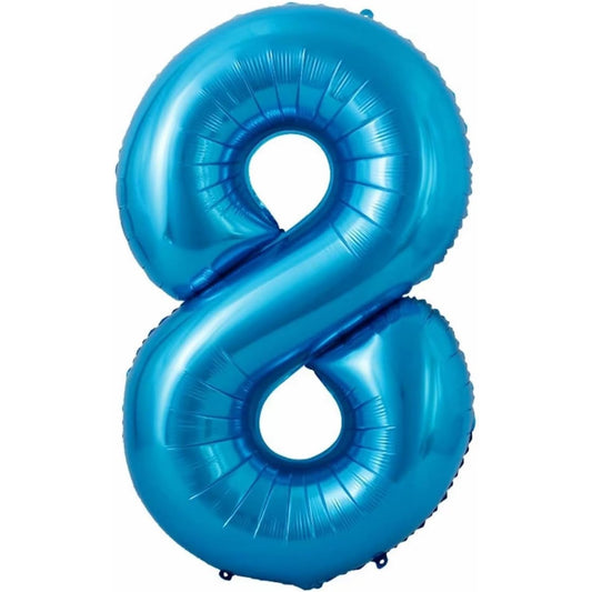 Balon din Folie Metalizata, Figurina Cifra si Coroana, Tema Aniversare 100 cm, Ambalaj Individual, Pai inclus, Umflare cu Aer sau Heliu, Albastru, Cifra 8