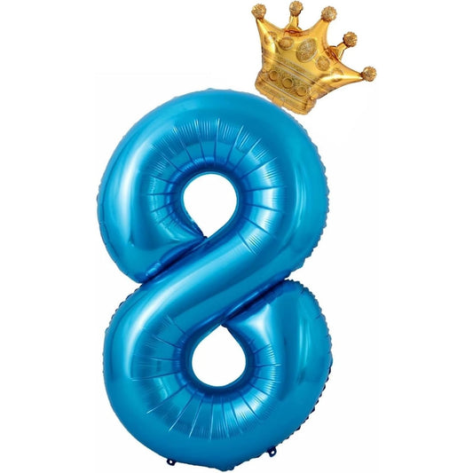 Balon din Folie Metalizata, Figurina Cifra si Coroana, Tema Aniversare 100 cm, Ambalaj Individual, Pai inclus, Umflare cu Aer sau Heliu, Albastru, Cifra 8