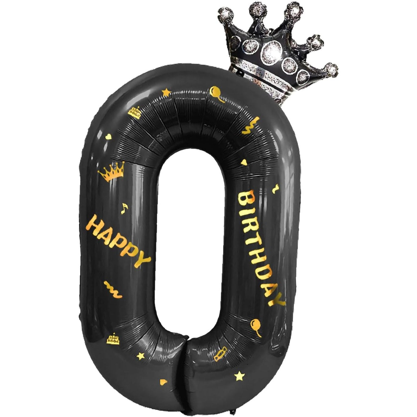 Balon din Folie Metalizata, Figurina Cifra si Coroana, Scris Happy Birthday, Tema Aniversare 100 cm, Ambalaj Individual, Pai inclus, Umflare cu Aer sau Heliu, Negru, Cifra 0