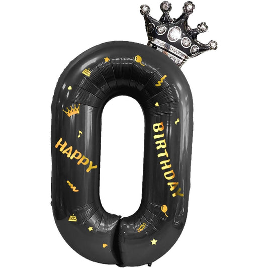 Balon din Folie Metalizata, Figurina Cifra si Coroana, Scris Happy Birthday, Tema Aniversare 100 cm, Ambalaj Individual, Pai inclus, Umflare cu Aer sau Heliu, Negru, Cifra 0