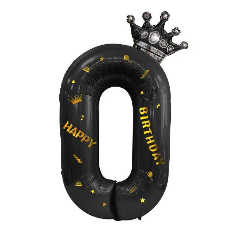 Balon din Folie Metalizata, Figurina Cifra si Coroana, Scris Happy Birthday, Tema Aniversare 100 cm, Ambalaj Individual, Pai inclus, Umflare cu Aer sau Heliu, Negru, Cifra 0