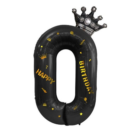 Balon din Folie Metalizata, Figurina Cifra si Coroana, Scris Happy Birthday, Tema Aniversare 100 cm, Ambalaj Individual, Pai inclus, Umflare cu Aer sau Heliu, Negru, Cifra 0