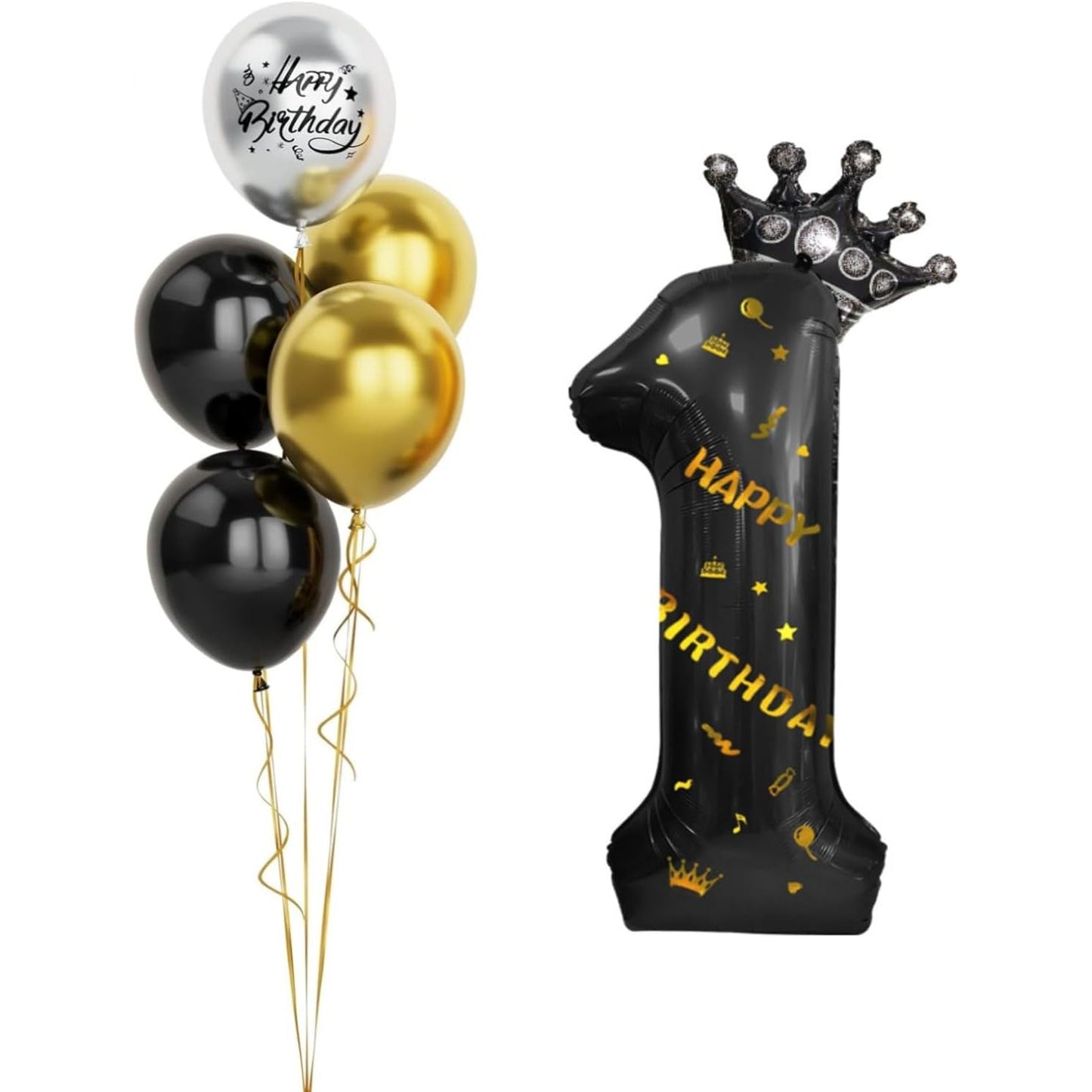 Balon din Folie Metalizata, Figurina Cifra si Coroana, Scris Happy Birthday, Tema Aniversare 100 cm, Ambalaj Individual, Pai inclus, Umflare cu Aer sau Heliu, Negru, Cifra 1
