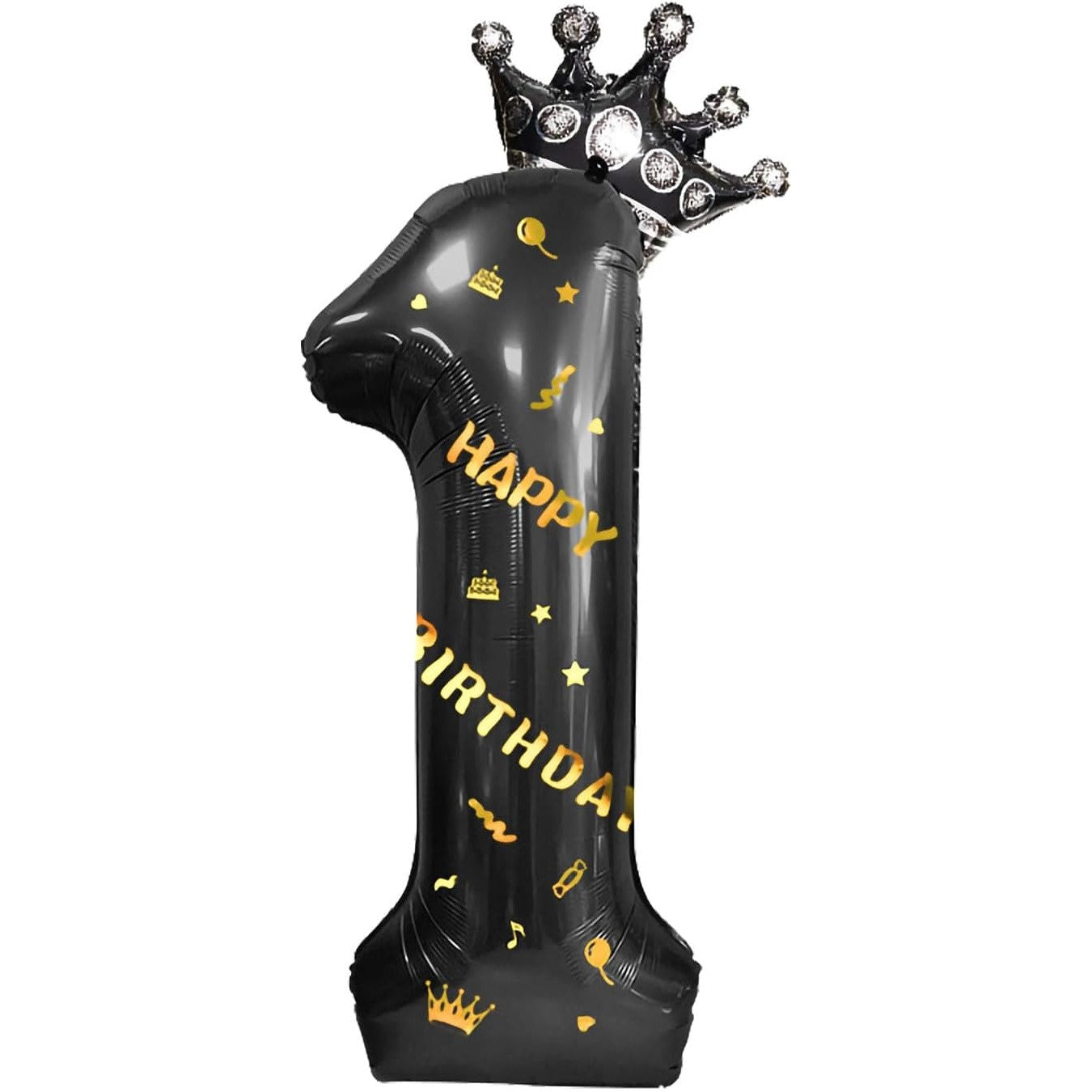 Balon din Folie Metalizata, Figurina Cifra si Coroana, Scris Happy Birthday, Tema Aniversare 100 cm, Ambalaj Individual, Pai inclus, Umflare cu Aer sau Heliu, Negru, Cifra 1