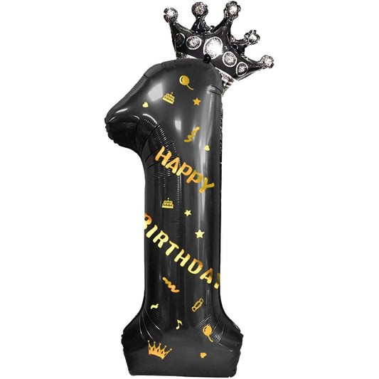 Balon din Folie Metalizata, Figurina Cifra si Coroana, Scris Happy Birthday, Tema Aniversare 100 cm, Ambalaj Individual, Pai inclus, Umflare cu Aer sau Heliu, Negru, Cifra 1