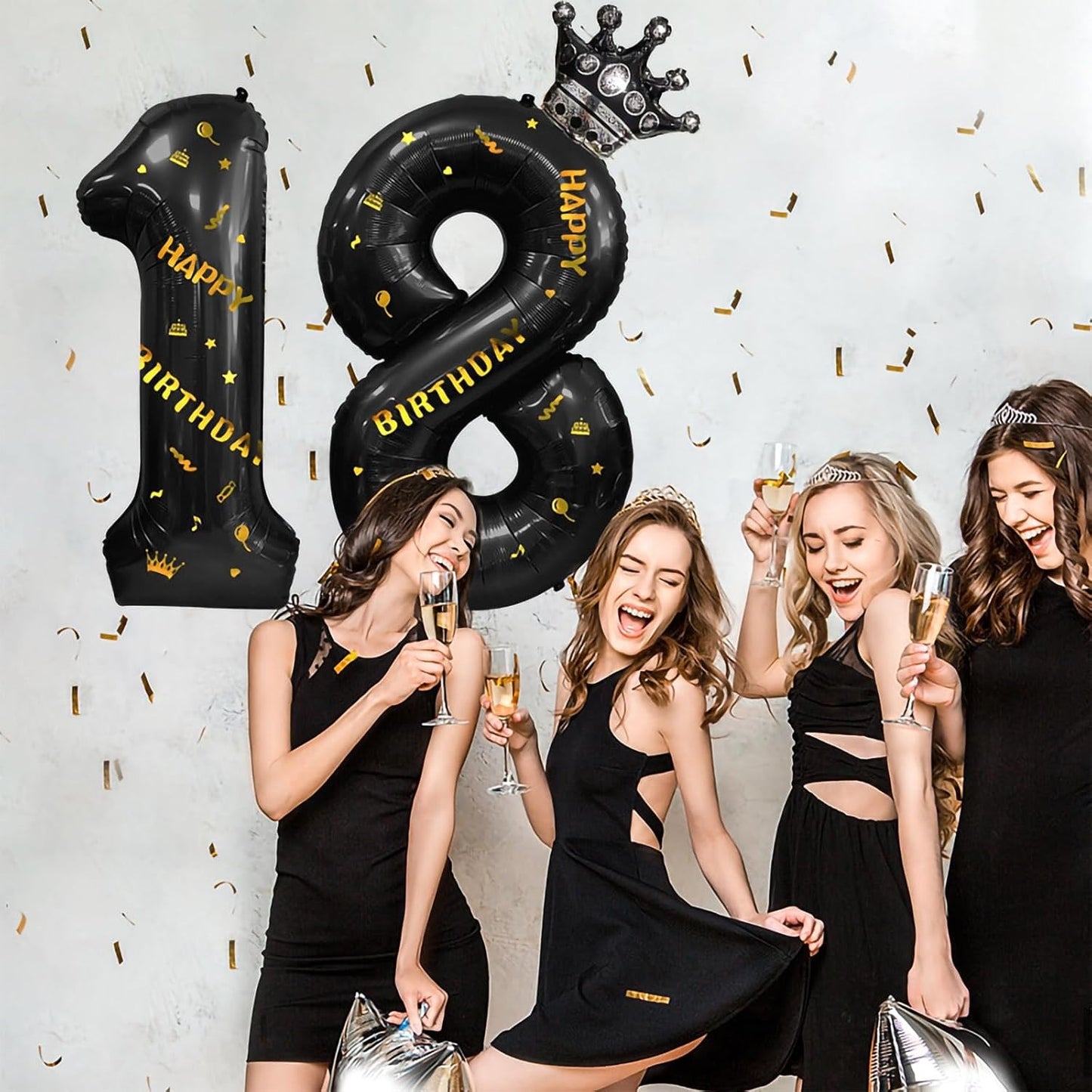 Balon din Folie Metalizata, Figurina Cifra si Coroana, Scris Happy Birthday, Tema Aniversare 100 cm, Ambalaj Individual, Pai inclus, Umflare cu Aer sau Heliu, Negru, Cifra 1