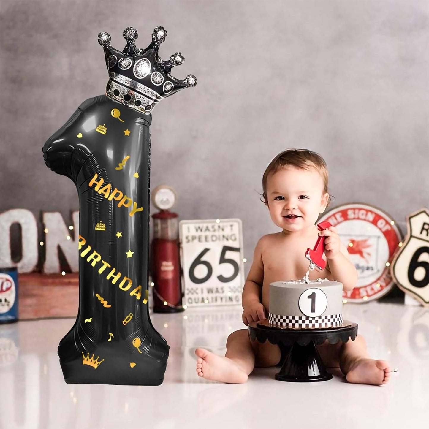 Balon din Folie Metalizata, Figurina Cifra si Coroana, Scris Happy Birthday, Tema Aniversare 100 cm, Ambalaj Individual, Pai inclus, Umflare cu Aer sau Heliu, Negru, Cifra 1
