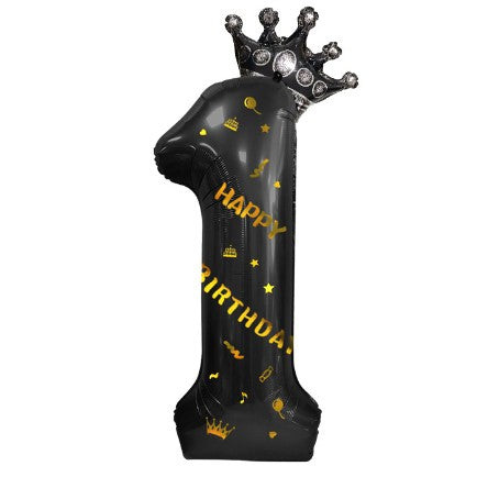 Balon din Folie Metalizata, Figurina Cifra si Coroana, Scris Happy Birthday, Tema Aniversare 100 cm, Ambalaj Individual, Pai inclus, Umflare cu Aer sau Heliu, Negru, Cifra 1