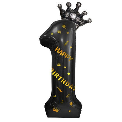 Balon din Folie Metalizata, Figurina Cifra si Coroana, Scris Happy Birthday, Tema Aniversare 100 cm, Ambalaj Individual, Pai inclus, Umflare cu Aer sau Heliu, Negru, Cifra 1