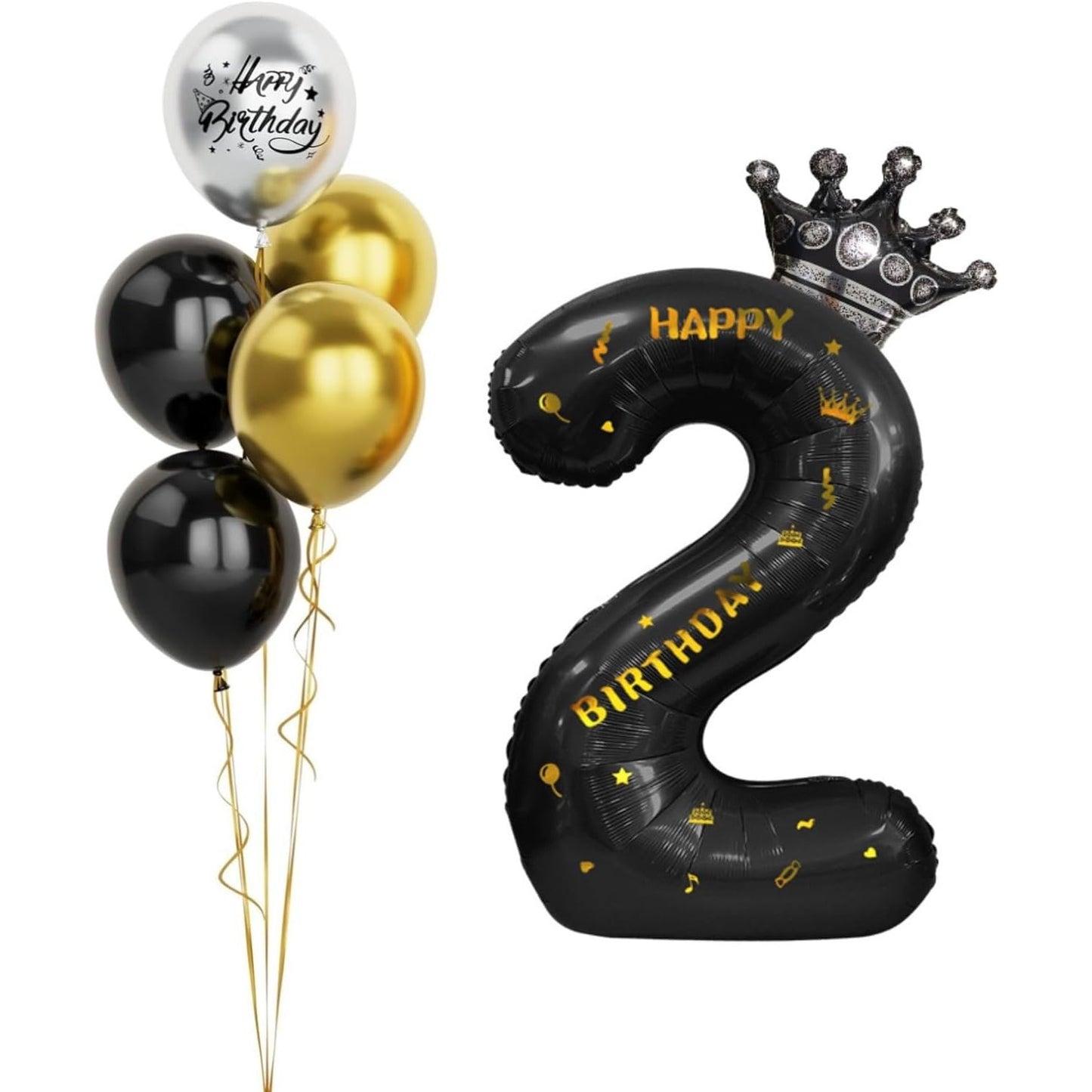 Balon din Folie Metalizata, Figurina Cifra si Coroana, Scris Happy Birthday, Tema Aniversare 100 cm, Ambalaj Individual, Pai inclus, Umflare cu Aer sau Heliu, Negru, Cifra 2