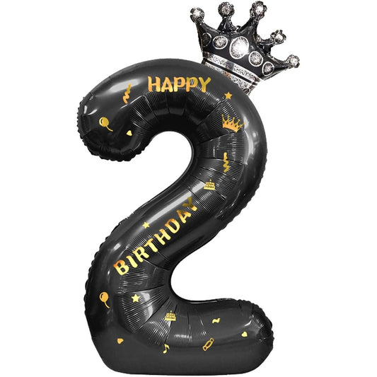 Balon din Folie Metalizata, Figurina Cifra si Coroana, Scris Happy Birthday, Tema Aniversare 100 cm, Ambalaj Individual, Pai inclus, Umflare cu Aer sau Heliu, Negru, Cifra 2