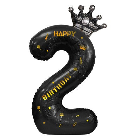 Balon din Folie Metalizata, Figurina Cifra si Coroana, Scris Happy Birthday, Tema Aniversare 100 cm, Ambalaj Individual, Pai inclus, Umflare cu Aer sau Heliu, Negru, Cifra 2
