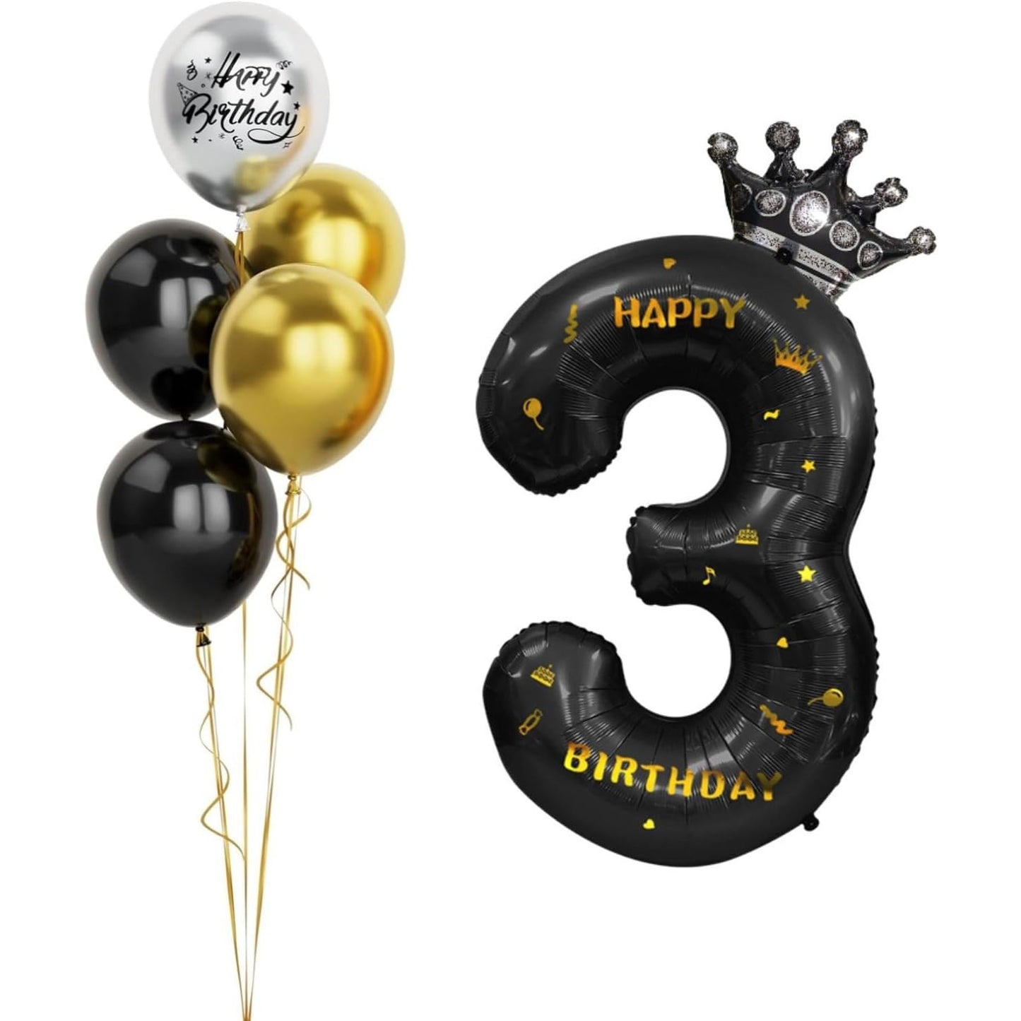 Balon din Folie Metalizata, Figurina Cifra si Coroana, Scris Happy Birthday, Tema Aniversare 100 cm, Ambalaj Individual, Pai inclus, Umflare cu Aer sau Heliu, Negru, Cifra 3