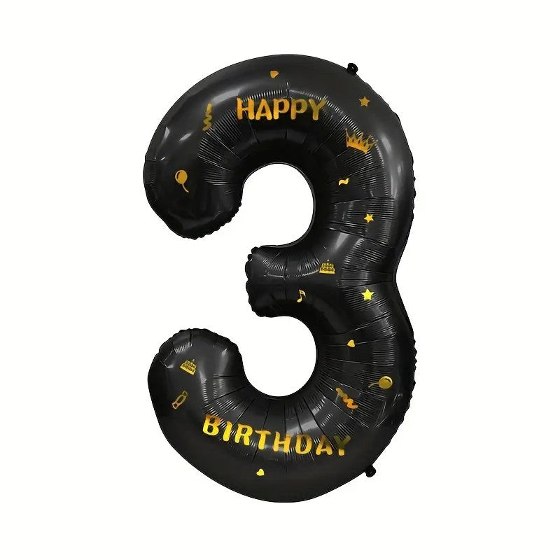 Balon din Folie Metalizata, Figurina Cifra si Coroana, Scris Happy Birthday, Tema Aniversare 100 cm, Ambalaj Individual, Pai inclus, Umflare cu Aer sau Heliu, Negru, Cifra 3