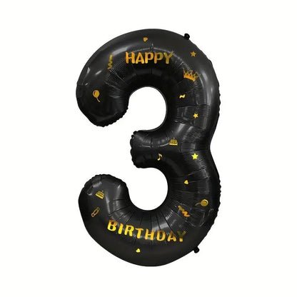 Balon din Folie Metalizata, Figurina Cifra si Coroana, Scris Happy Birthday, Tema Aniversare 100 cm, Ambalaj Individual, Pai inclus, Umflare cu Aer sau Heliu, Negru, Cifra 3