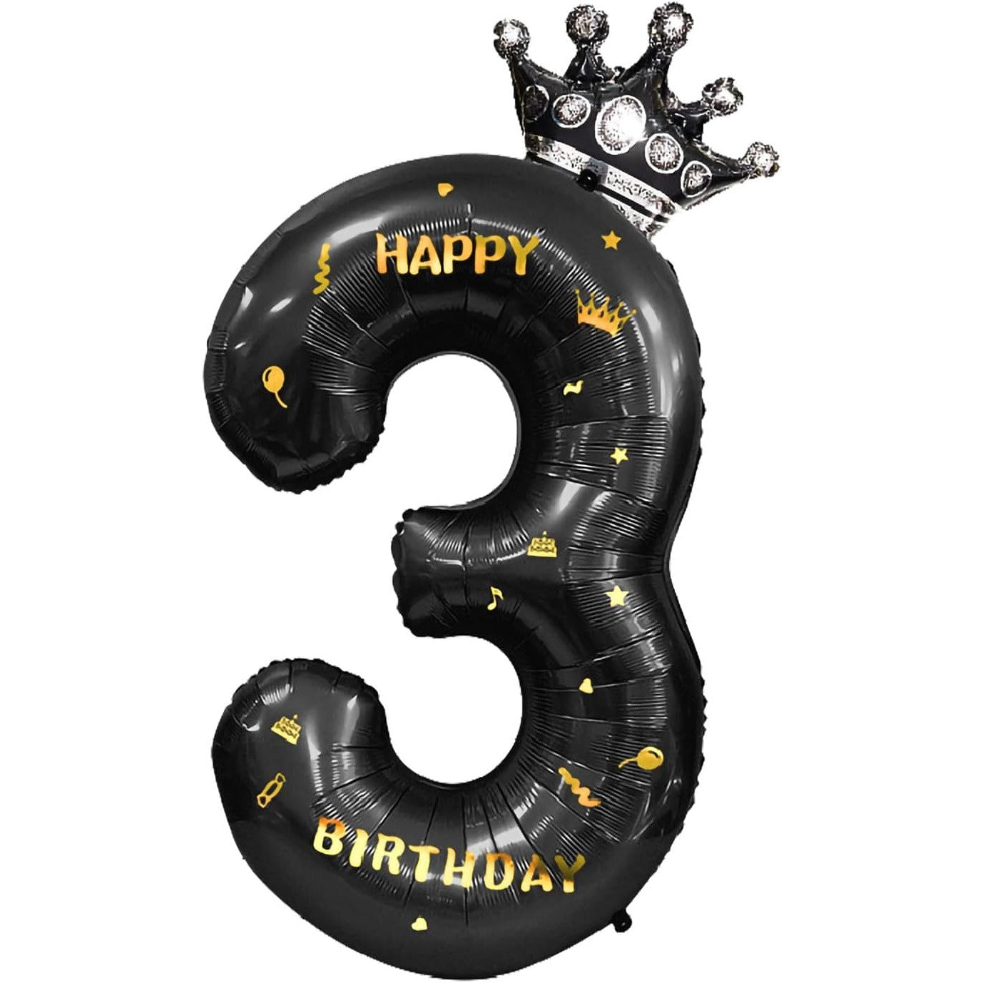 Balon din Folie Metalizata, Figurina Cifra si Coroana, Scris Happy Birthday, Tema Aniversare 100 cm, Ambalaj Individual, Pai inclus, Umflare cu Aer sau Heliu, Negru, Cifra 3