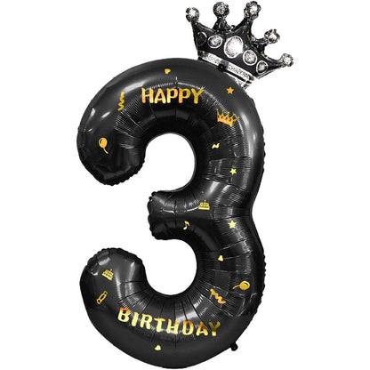 Balon din Folie Metalizata, Figurina Cifra si Coroana, Scris Happy Birthday, Tema Aniversare 100 cm, Ambalaj Individual, Pai inclus, Umflare cu Aer sau Heliu, Negru, Cifra 3