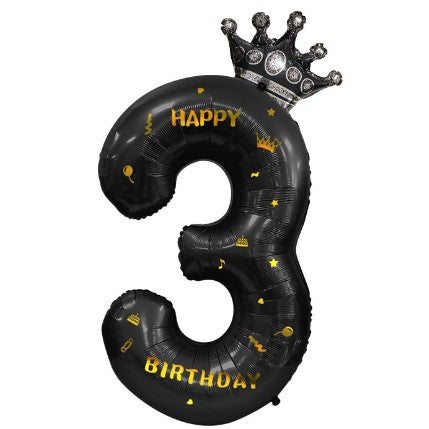 Balon din Folie Metalizata, Figurina Cifra si Coroana, Scris Happy Birthday, Tema Aniversare 100 cm, Ambalaj Individual, Pai inclus, Umflare cu Aer sau Heliu, Negru, Cifra 3