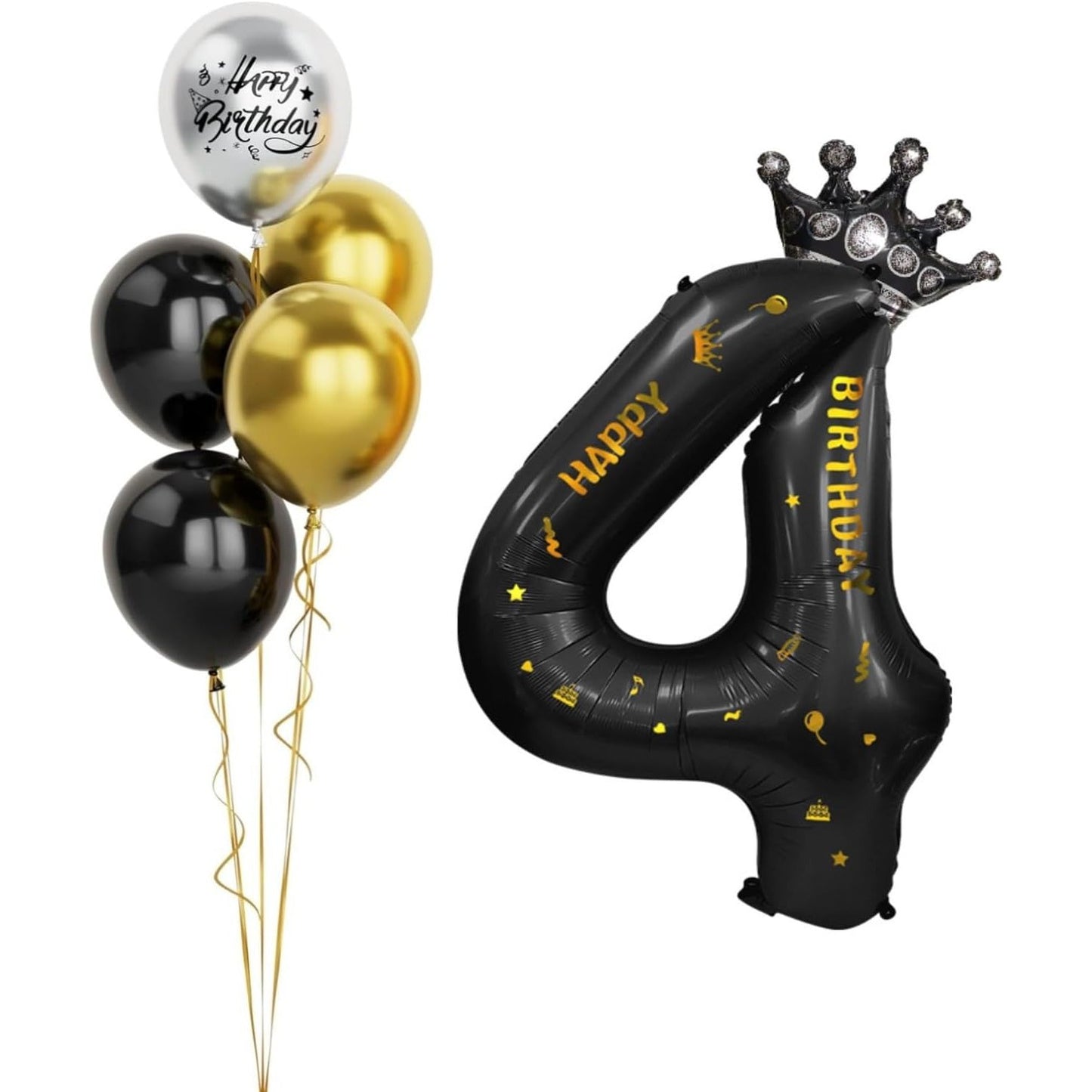 Balon din Folie Metalizata, Figurina Cifra si Coroana, Scris Happy Birthday, Tema Aniversare 100 cm, Ambalaj Individual, Pai inclus, Umflare cu Aer sau Heliu, Negru, Cifra 4