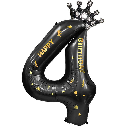 Balon din Folie Metalizata, Figurina Cifra si Coroana, Scris Happy Birthday, Tema Aniversare 100 cm, Ambalaj Individual, Pai inclus, Umflare cu Aer sau Heliu, Negru, Cifra 4