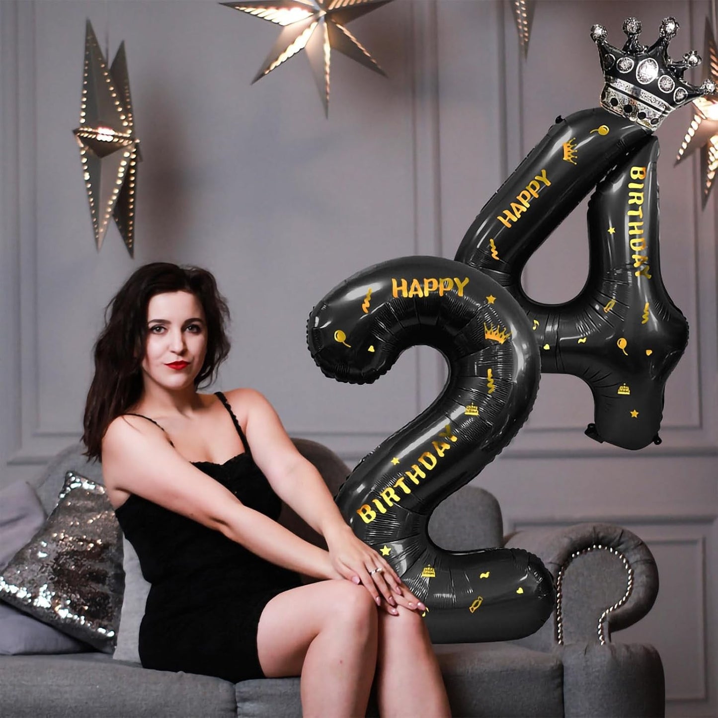Balon din Folie Metalizata, Figurina Cifra si Coroana, Scris Happy Birthday, Tema Aniversare 100 cm, Ambalaj Individual, Pai inclus, Umflare cu Aer sau Heliu, Negru, Cifra 4