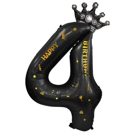 Balon din Folie Metalizata, Figurina Cifra si Coroana, Scris Happy Birthday, Tema Aniversare 100 cm, Ambalaj Individual, Pai inclus, Umflare cu Aer sau Heliu, Negru, Cifra 4