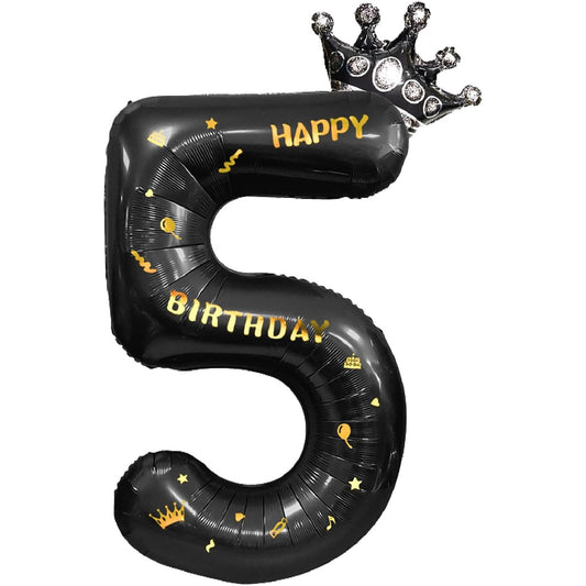 Balon din Folie Metalizata, Figurina Cifra si Coroana, Scris Happy Birthday, Tema Aniversare 100 cm, Ambalaj Individual, Pai inclus, Umflare cu Aer sau Heliu, Negru, Cifra 5