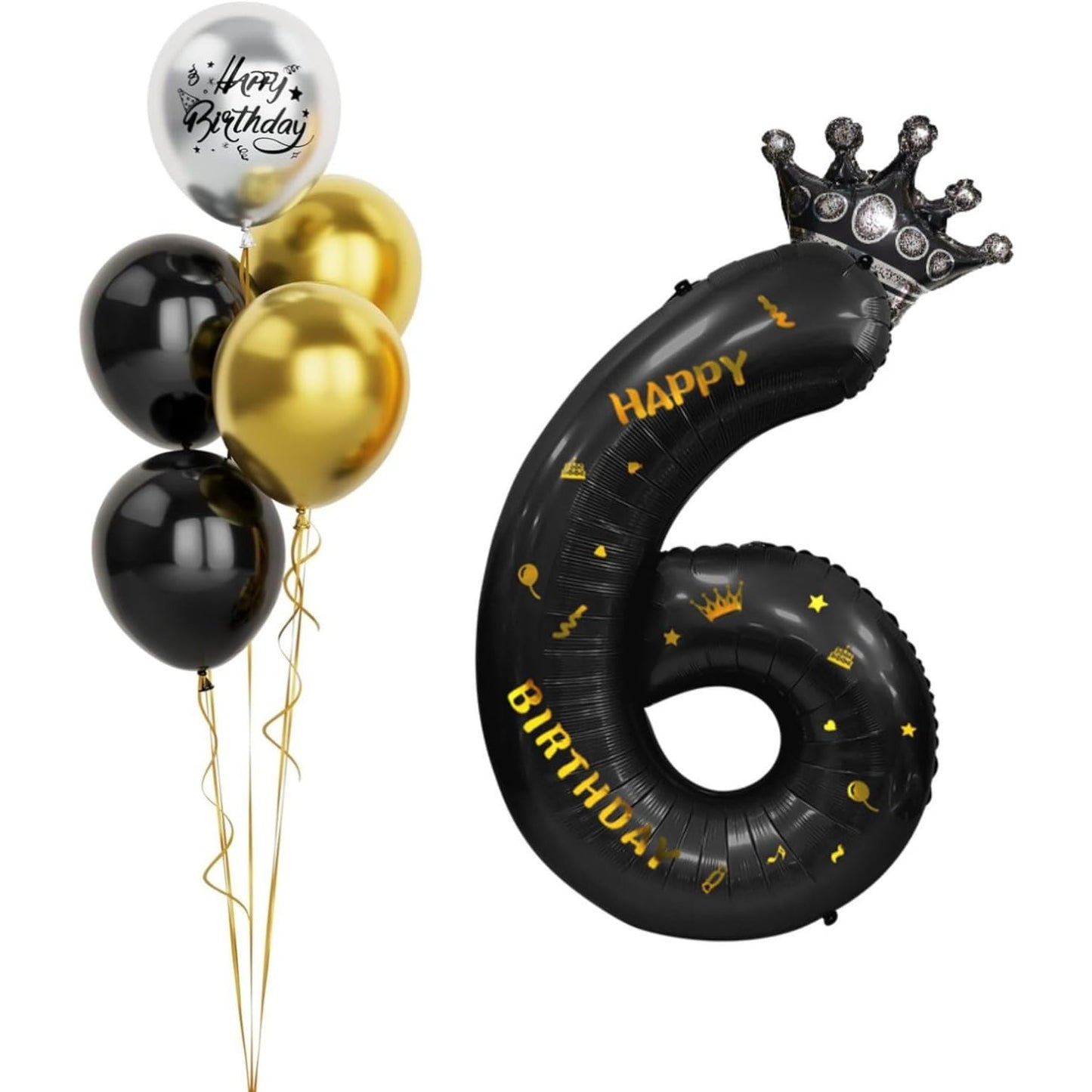 Balon din Folie Metalizata, Figurina Cifra si Coroana, Scris Happy Birthday, Tema Aniversare 100 cm, Ambalaj Individual, Pai inclus, Umflare cu Aer sau Heliu, Negru, Cifra 6