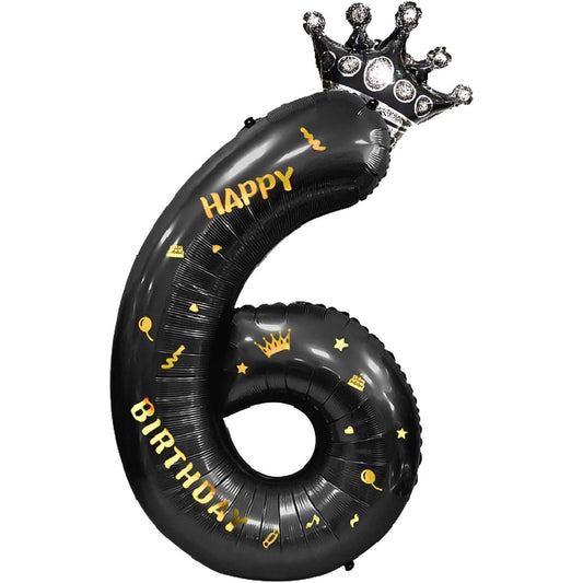 Balon din Folie Metalizata, Figurina Cifra si Coroana, Scris Happy Birthday, Tema Aniversare 100 cm, Ambalaj Individual, Pai inclus, Umflare cu Aer sau Heliu, Negru, Cifra 6