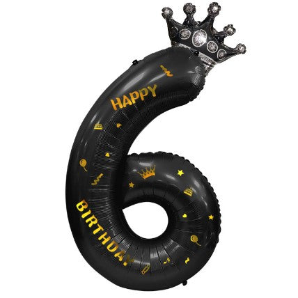 Balon din Folie Metalizata, Figurina Cifra si Coroana, Scris Happy Birthday, Tema Aniversare 100 cm, Ambalaj Individual, Pai inclus, Umflare cu Aer sau Heliu, Negru, Cifra 6