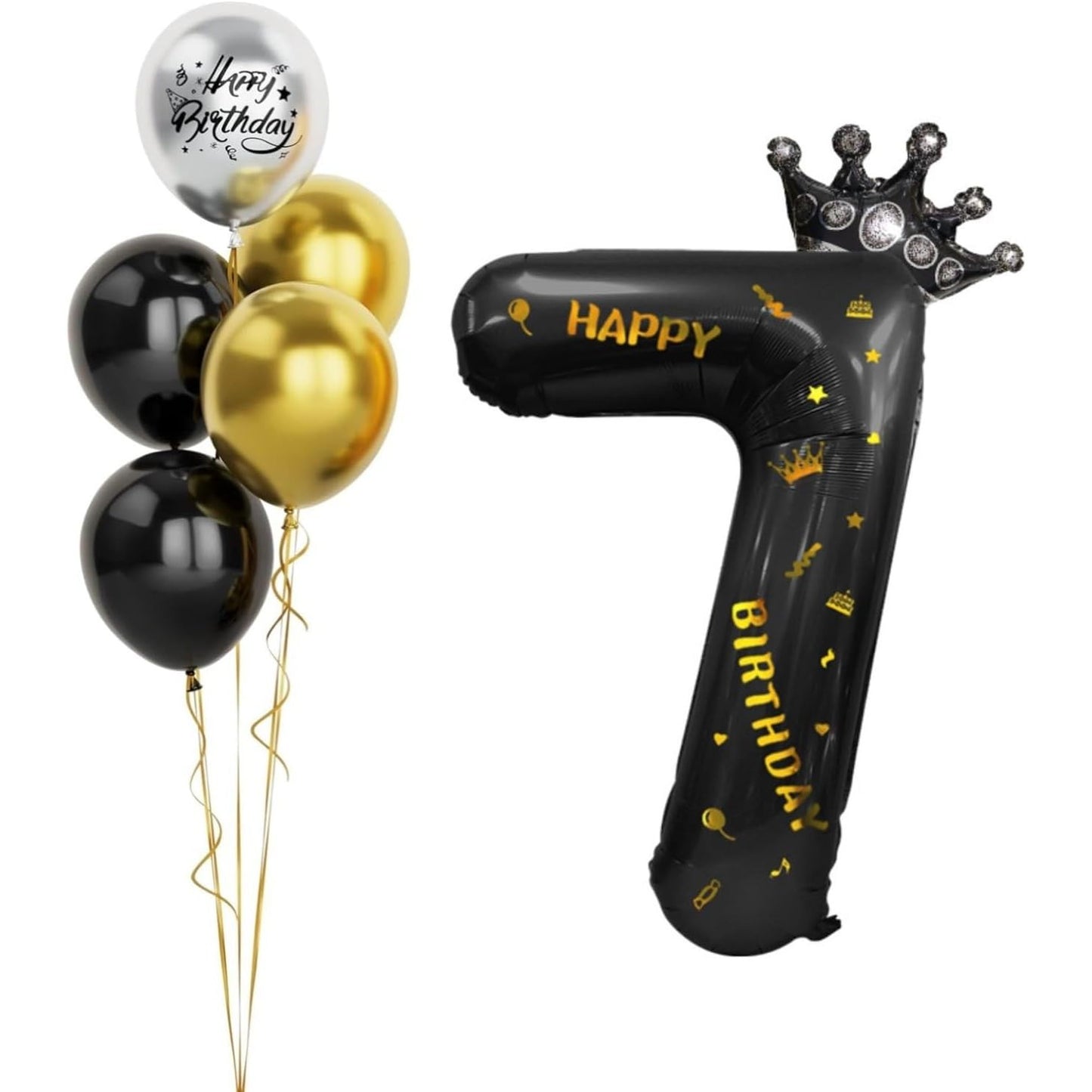 Balon din Folie Metalizata, Figurina Cifra si Coroana, Scris Happy Birthday, Tema Aniversare 100 cm, Ambalaj Individual, Pai inclus, Umflare cu Aer sau Heliu, Negru, Cifra 7