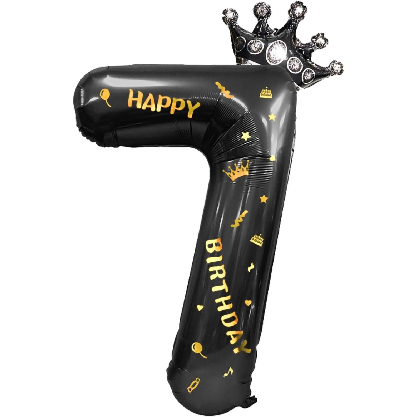Balon din Folie Metalizata, Figurina Cifra si Coroana, Scris Happy Birthday, Tema Aniversare 100 cm, Ambalaj Individual, Pai inclus, Umflare cu Aer sau Heliu, Negru, Cifra 7