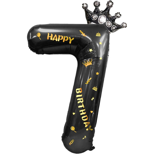 Balon din Folie Metalizata, Figurina Cifra si Coroana, Scris Happy Birthday, Tema Aniversare 100 cm, Ambalaj Individual, Pai inclus, Umflare cu Aer sau Heliu, Negru, Cifra 7