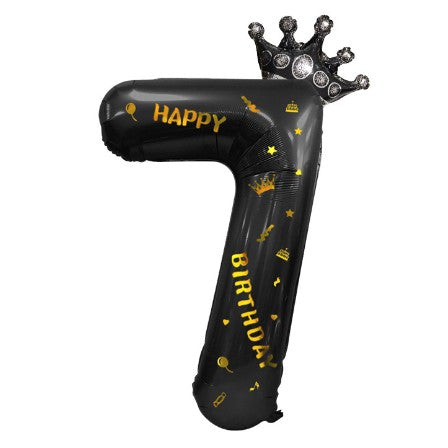 Balon din Folie Metalizata, Figurina Cifra si Coroana, Scris Happy Birthday, Tema Aniversare 100 cm, Ambalaj Individual, Pai inclus, Umflare cu Aer sau Heliu, Negru, Cifra 7