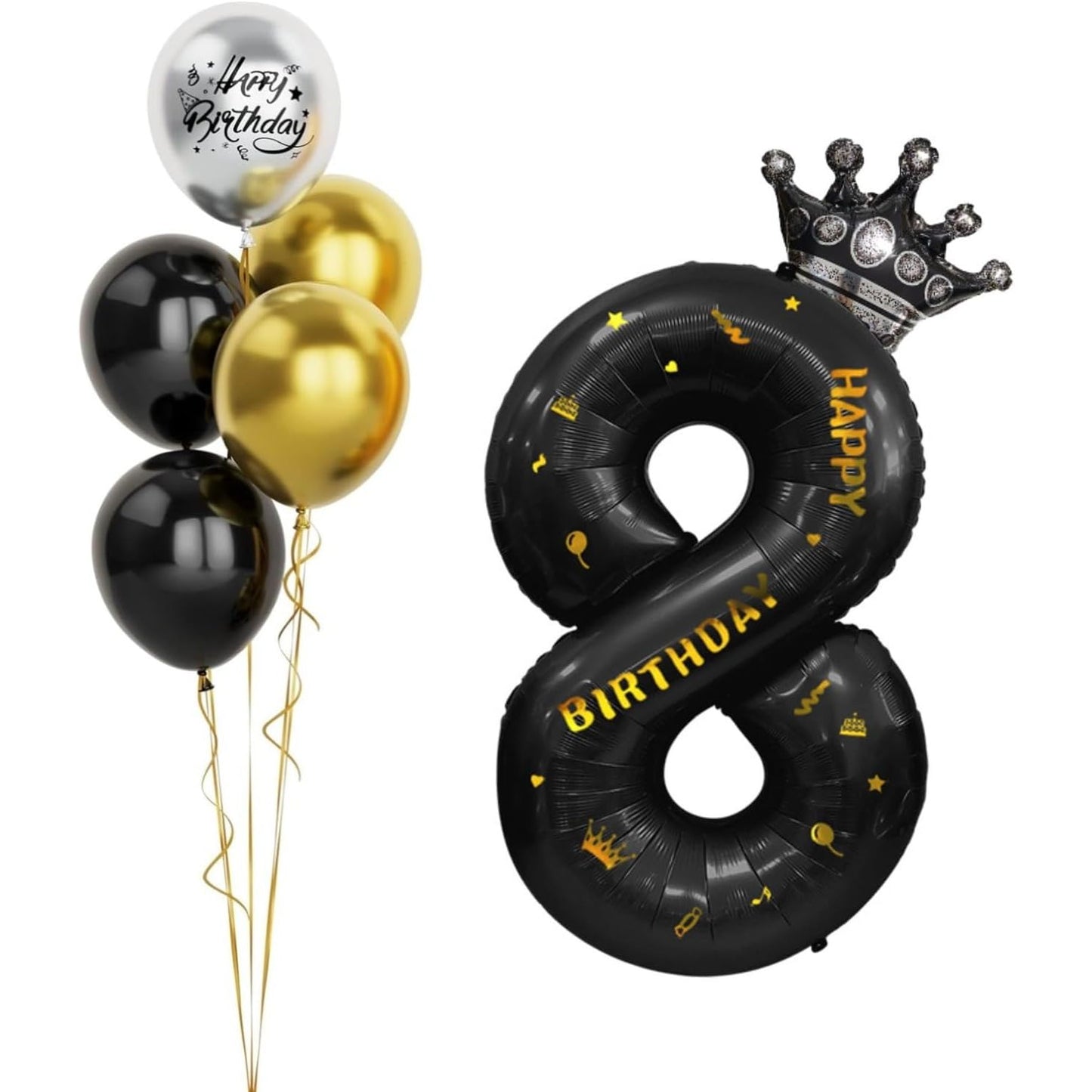Balon din Folie Metalizata, Figurina Cifra si Coroana, Scris Happy Birthday, Tema Aniversare 100 cm, Ambalaj Individual, Pai inclus, Umflare cu Aer sau Heliu, Negru, Cifra 8