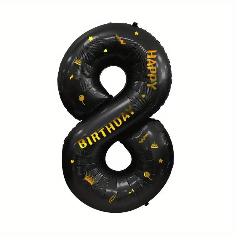 Balon din Folie Metalizata, Figurina Cifra si Coroana, Scris Happy Birthday, Tema Aniversare 100 cm, Ambalaj Individual, Pai inclus, Umflare cu Aer sau Heliu, Negru, Cifra 8