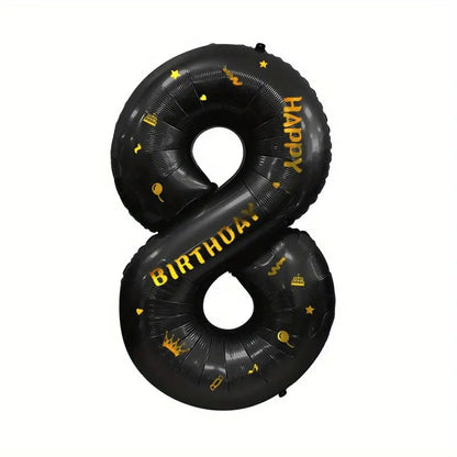 Balon din Folie Metalizata, Figurina Cifra si Coroana, Scris Happy Birthday, Tema Aniversare 100 cm, Ambalaj Individual, Pai inclus, Umflare cu Aer sau Heliu, Negru, Cifra 8