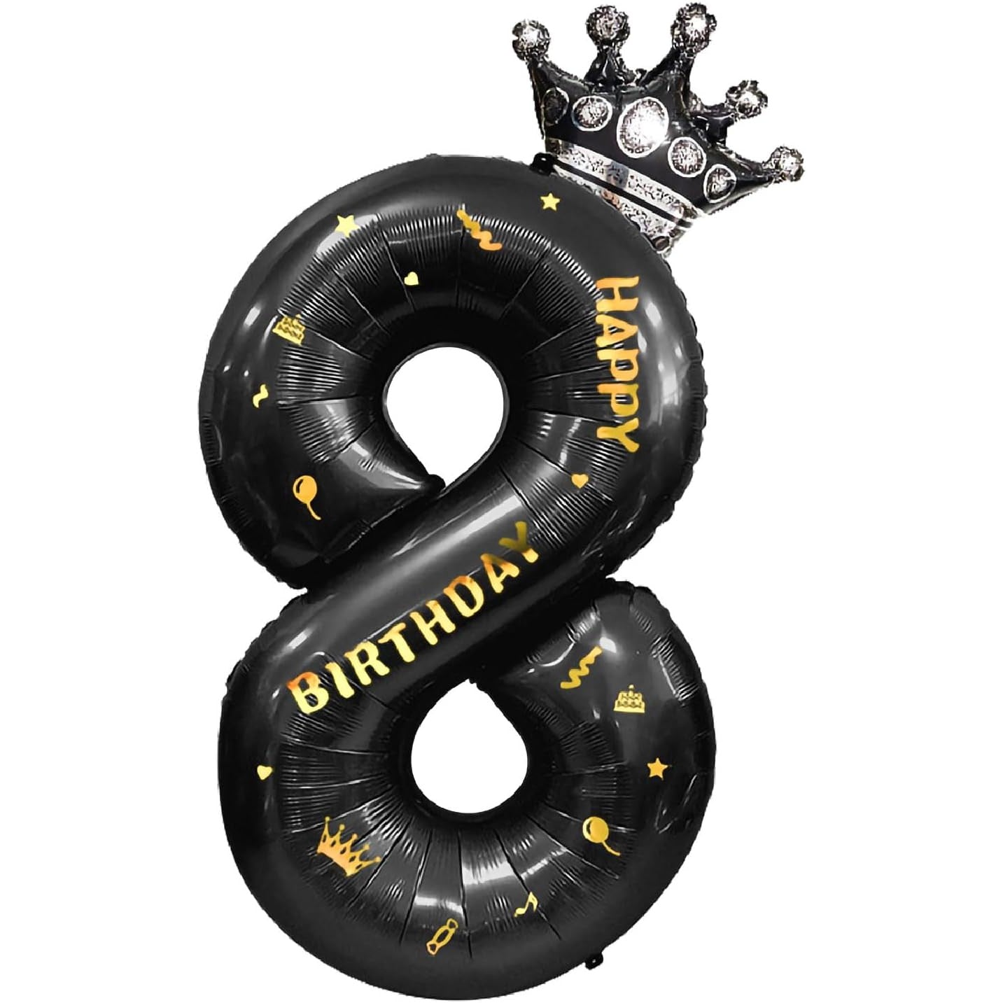 Balon din Folie Metalizata, Figurina Cifra si Coroana, Scris Happy Birthday, Tema Aniversare 100 cm, Ambalaj Individual, Pai inclus, Umflare cu Aer sau Heliu, Negru, Cifra 8