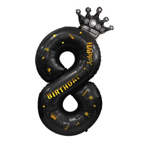 Balon din Folie Metalizata, Figurina Cifra si Coroana, Scris Happy Birthday, Tema Aniversare 100 cm, Ambalaj Individual, Pai inclus, Umflare cu Aer sau Heliu, Negru, Cifra 8
