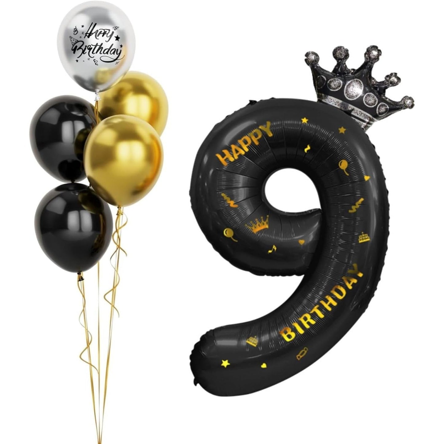 Balon din Folie Metalizata, Figurina Cifra si Coroana, Scris Happy Birthday, Tema Aniversare 100 cm, Ambalaj Individual, Pai inclus, Umflare cu Aer sau Heliu, Negru, Cifra 9