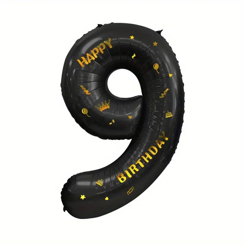Balon din Folie Metalizata, Figurina Cifra si Coroana, Scris Happy Birthday, Tema Aniversare 100 cm, Ambalaj Individual, Pai inclus, Umflare cu Aer sau Heliu, Negru, Cifra 9