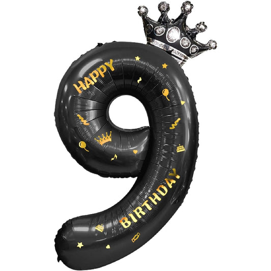 Balon din Folie Metalizata, Figurina Cifra si Coroana, Scris Happy Birthday, Tema Aniversare 100 cm, Ambalaj Individual, Pai inclus, Umflare cu Aer sau Heliu, Negru, Cifra 9