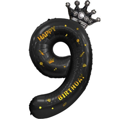 Balon din Folie Metalizata, Figurina Cifra si Coroana, Scris Happy Birthday, Tema Aniversare 100 cm, Ambalaj Individual, Pai inclus, Umflare cu Aer sau Heliu, Negru, Cifra 9