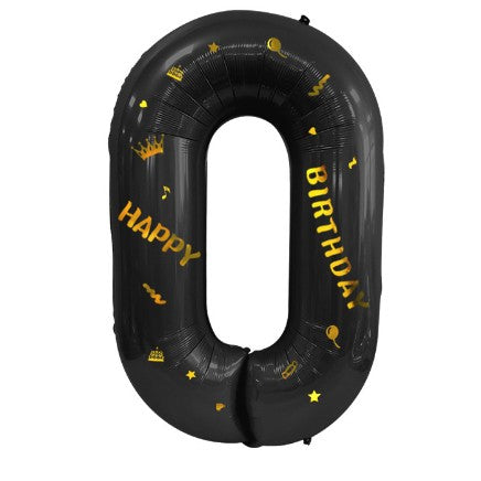 Balon din Folie Metalizata, Figurina Cifra, Scris Happy Birthday, Tema Aniversare 100 cm, Ambalaj Individual, Pai inclus, Umflare cu Aer sau Heliu, Negru, Cifra 0