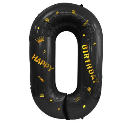 Balon din Folie Metalizata, Figurina Cifra, Scris Happy Birthday, Tema Aniversare 100 cm, Ambalaj Individual, Pai inclus, Umflare cu Aer sau Heliu, Negru, Cifra 0