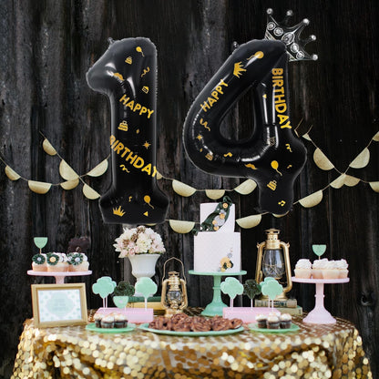 Balon din Folie Metalizata, Figurina Cifra, Scris Happy Birthday, Tema Aniversare 100 cm, Ambalaj Individual, Pai inclus, Umflare cu Aer sau Heliu, Negru, Cifra 1