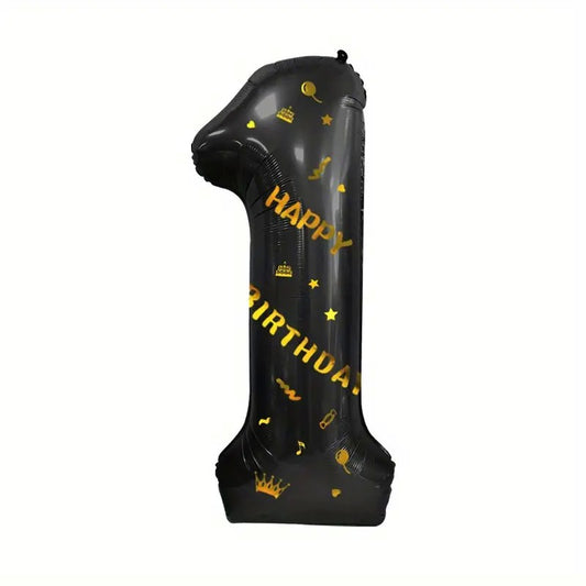 Balon din Folie Metalizata, Figurina Cifra, Scris Happy Birthday, Tema Aniversare 100 cm, Ambalaj Individual, Pai inclus, Umflare cu Aer sau Heliu, Negru, Cifra 1