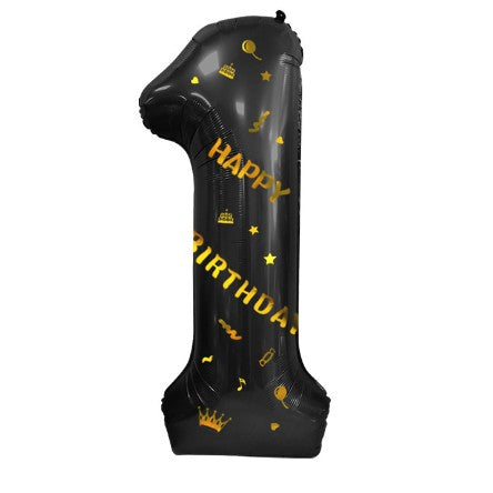 Balon din Folie Metalizata, Figurina Cifra, Scris Happy Birthday, Tema Aniversare 100 cm, Ambalaj Individual, Pai inclus, Umflare cu Aer sau Heliu, Negru, Cifra 1